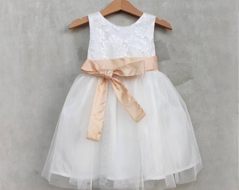 Champagne flower girl dress, Ivory white flower girl dress, Champagne and white girl dress, junior bridesmaid dress, champagne wedding theme