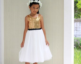 Flower girl dress gold, black satin ribbon belt, Gold sequin dress tulle, Christmas dress toddler and girls, ivory white flower girl dresses