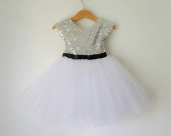 Flower Girls Dress silver and white tutu dress, Silver sequin dress, white or ivory tutu skirt, black satin ribbon belt