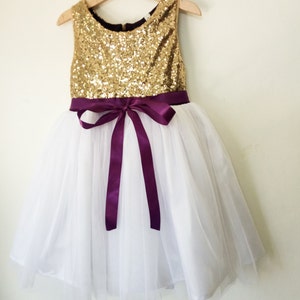 flower girls dress gold, white and purple, gold sequin and purple dress, gold flower girl dress, purple flower girl dress image 3