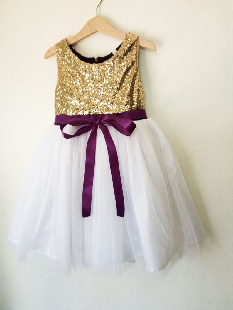 flower girls dress gold, white and purple, gold sequin and purple dress, gold flower girl dress, purple flower girl dress image 3