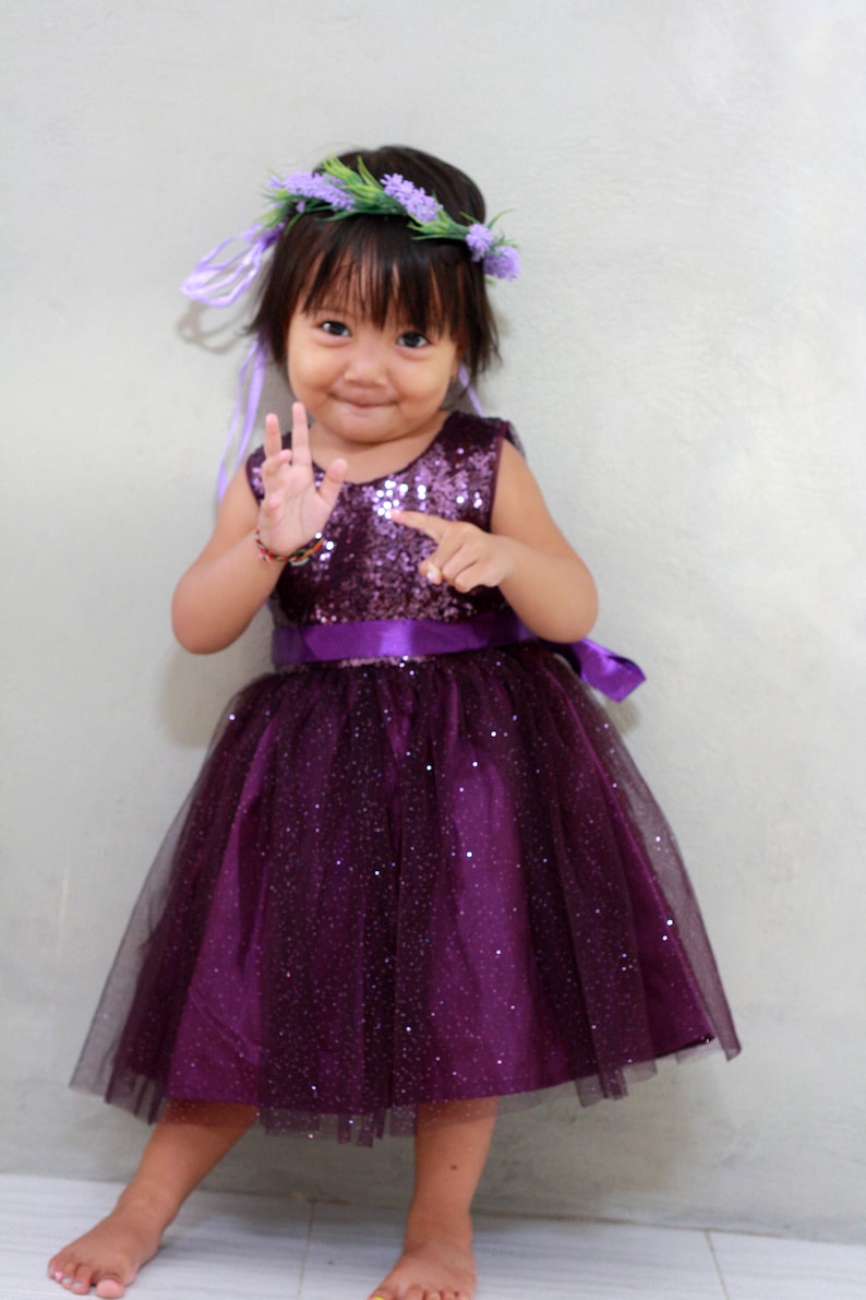 Purple flower girl dress, plum flower girls dress, toddler dress purple sequin, eggplant party dress, baby dress deep purple, tutu dress image 2
