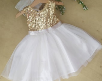 Flower girl dress white and gold, rustic flower girl dress, ivory tulle dress, gold christmas dress, girl birthday dress, 1st birthday dress