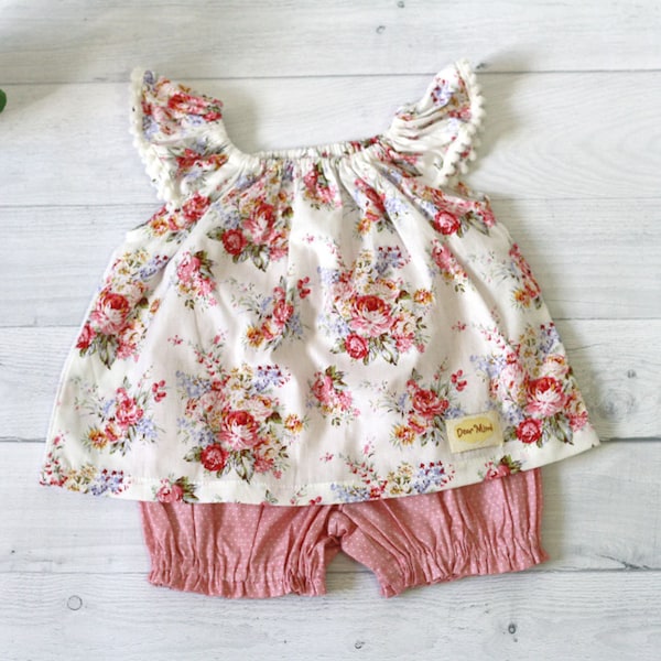 Shabby chic baby girl clothes, pink floral baby set, vintage rose floral pattern top and polkadot bloomer