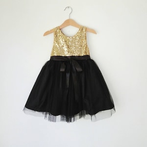 Gold and Black flower girl dress, gold sequin and black tutu girl dress, girl christmas dress, evening girl dress