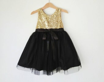 Gold and Black flower girl dress, gold sequin and black tutu girl dress, girl christmas dress, evening girl dress