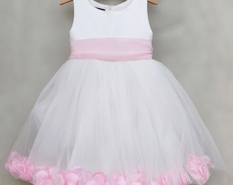Pink Flower Girl dress with rose petal, tutu girls dress, junior bridesmaid dress