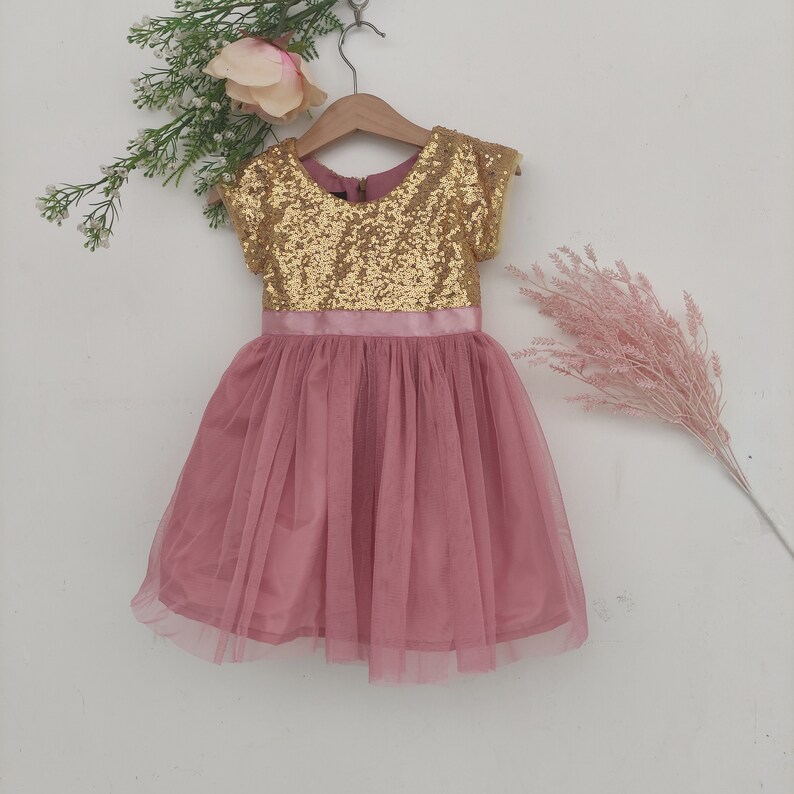 Dusty Pink Flower Girl Dress, dusty rose dress, gold tutu dress, toddler dress, dusty rose wedding, gold and dusty pink tulle dress image 3