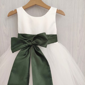 Flower girl dress Olive Green, white tulle and bow sash, fall flower girl dress toddler, Olive wedding theme, girl dress tutu, Olive dress image 2