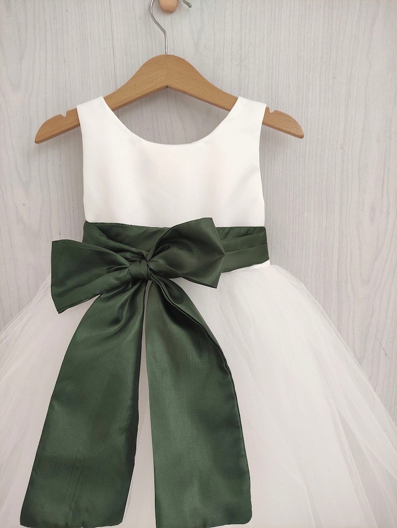 Flower girl dress Olive Green, white tulle and bow sash, fall flower girl dress toddler, Olive wedding theme, girl dress tutu, Olive dress image 2