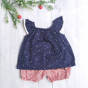 4th of July Baby Outfit: Navy Star Top & Red Stripe Bloomers