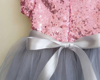 Pink Sequin Flower Girl Dress: Gray Tutu, Wedding Party Dress