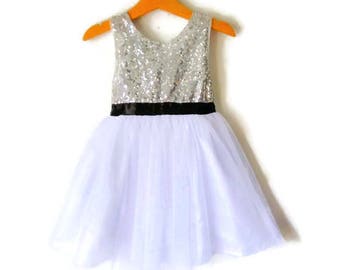 Silver and White flower girl's dress with black satin ribbon belt. Silver sequined tutu dress, flower girl's dress