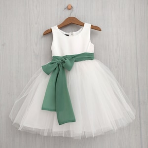 Flower girl dress tulle ivory with sage green sash, white tutu dress, flower girl dresses toddler, sage wedding, junior bridesmaid dress