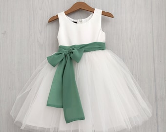 Flower girl dress tulle ivory with sage green sash, white tutu dress, flower girl dresses toddler, sage wedding, junior bridesmaid dress