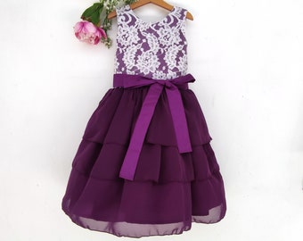 Purple flower girl dress, Junior bridesmaid dress purple and ivory white lace, Chiffon flower girl dress, Purple girl dress, Purple wedding