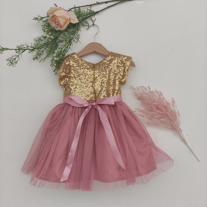 Dusty Pink Flower Girl Dress, dusty rose dress, gold tutu dress, toddler dress, dusty rose wedding, gold and dusty pink tulle dress image 1