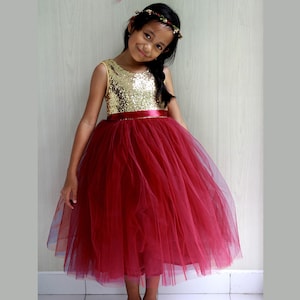 Christmas Dress for girl, Burgundy and gold tulle flower girl dresses, Burgundy Dress, Junior Bridesmaid dress, Burgundy Wedding