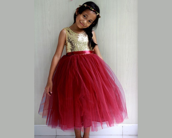 burgundy and gold flower girl dress