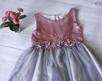 Dusty Pink and Grey Flower girl dress. Girl tutu dress, grey flower girl dresses with embroidery embelishment, Birthday dress, party dress