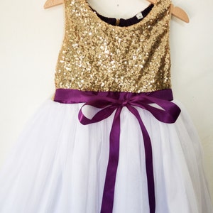 flower girls dress gold, white and purple, gold sequin and purple dress, gold flower girl dress, purple flower girl dress image 2