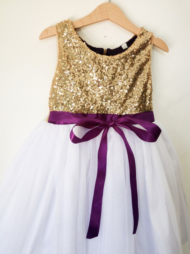 flower girls dress gold, white and purple, gold sequin and purple dress, gold flower girl dress, purple flower girl dress image 2