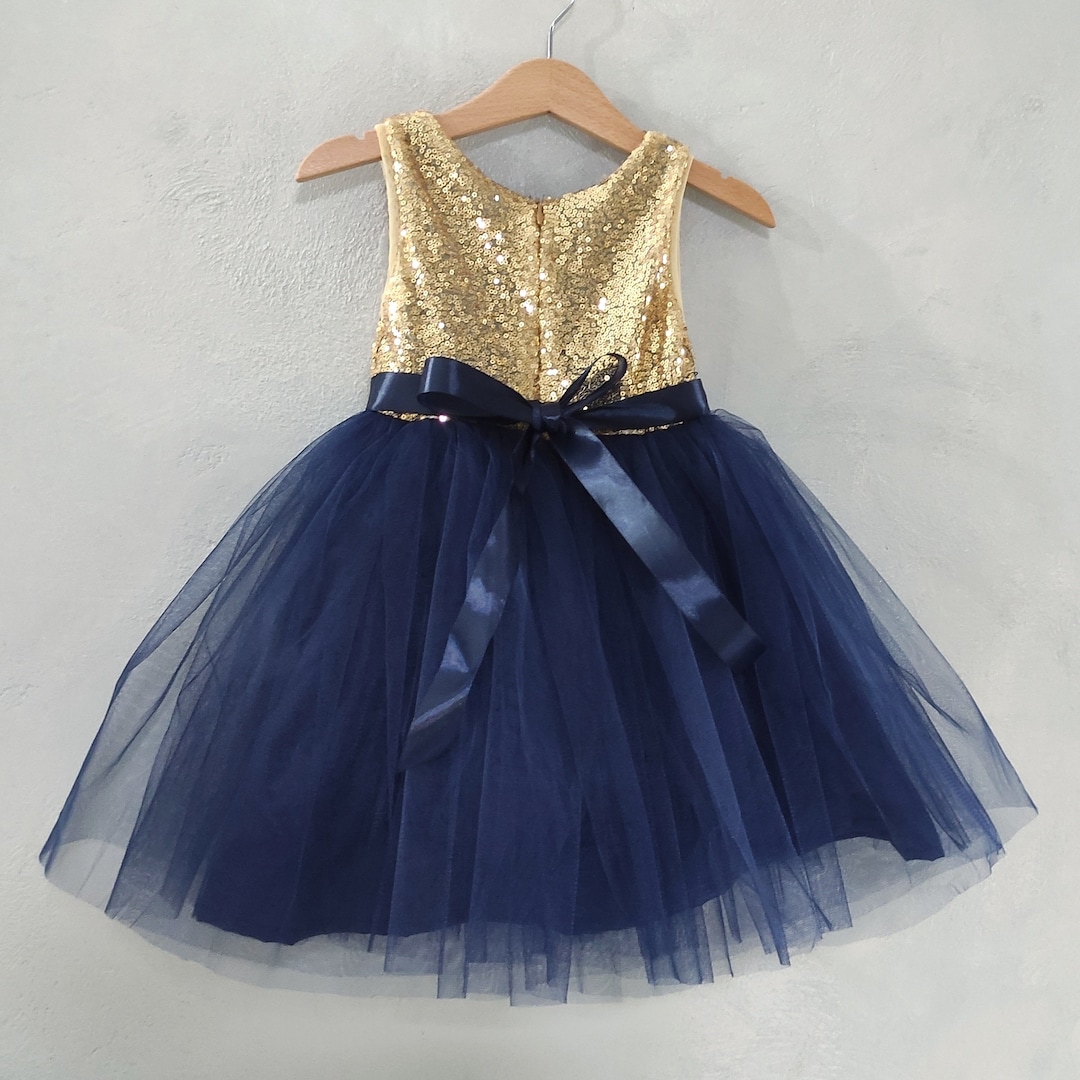 Gold and Navy Wedding Flower Girl Dress Toddler Tulle Dress Navy