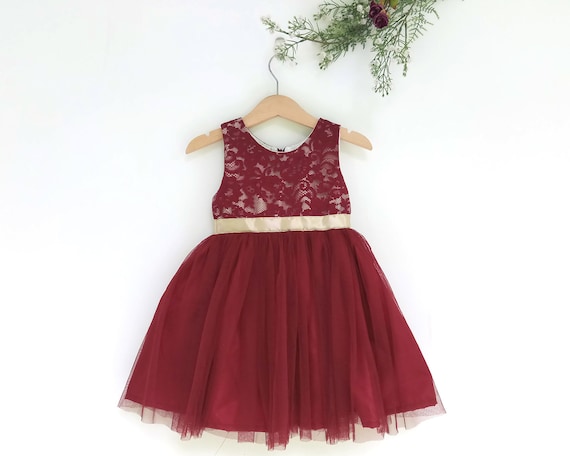 burgundy and gold flower girl dress