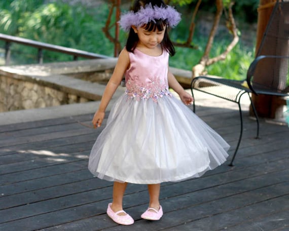 Dusty Pink Flower Girl Dress: Grey Tulle, Embroidered Bodice - Etsy