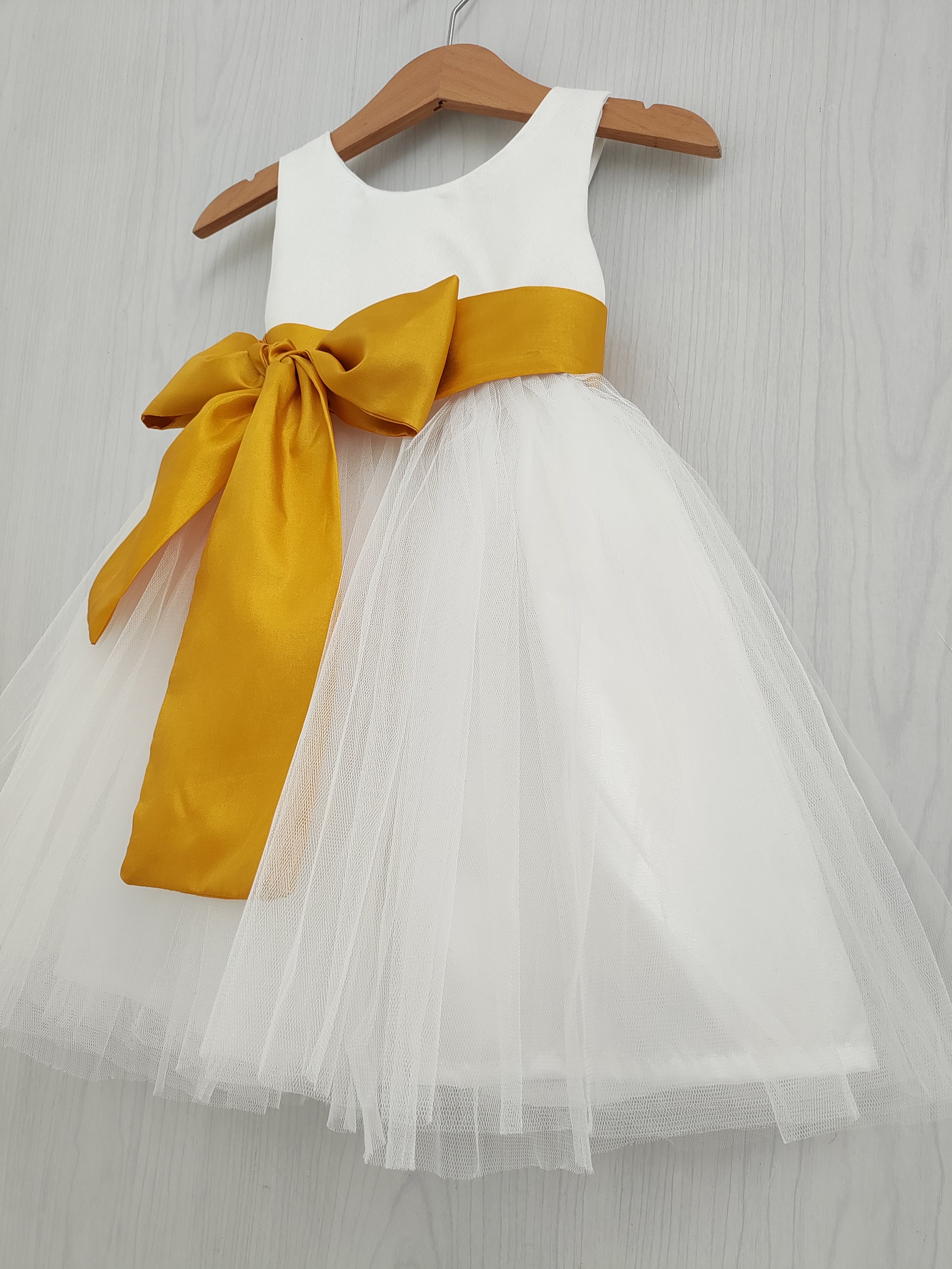 Flower Girl Dress White Satin and Gold Sash Toddler Dress White