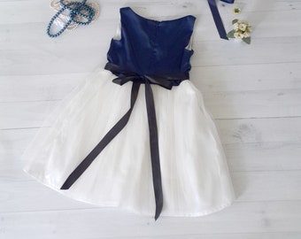 Flower girl dress navy blue, Navy and white flower girl dress, Navy tutu girl dress, navy satin dress for toddler, junior bridesmaid dresses