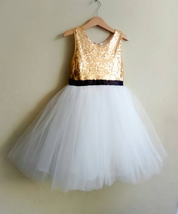Gold Sequin Flower Girl Dress: White Tutu, Black Ribbon Belt