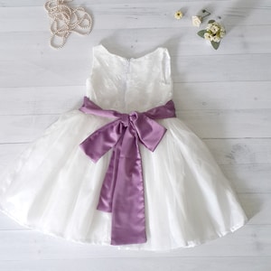 Satin and lace flower girl&#39;s dress, ivory or white girls dress, 50 sash color to choose, purple and white dress, tutu dress