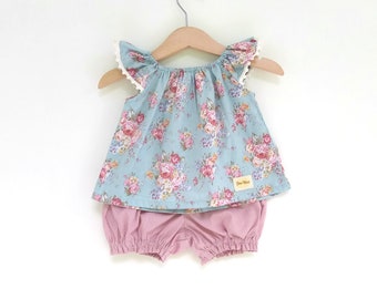 Baby girl clothes, Baby top and bloomer, baby set clothing, spring / summer baby outfit, blue and pink flowers baby clothes, baby girl gift