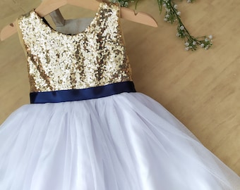 Gold and navy blue flower girl dress, Flower girl tutu gold and white, ivory flower girl dress, navy blue wedding, gold and navy girl dress