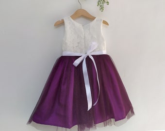 Purple flower girl dresses, lace flower girl dress, lace toddler dress, birthday party girl dress, purple and white dress for toddler
