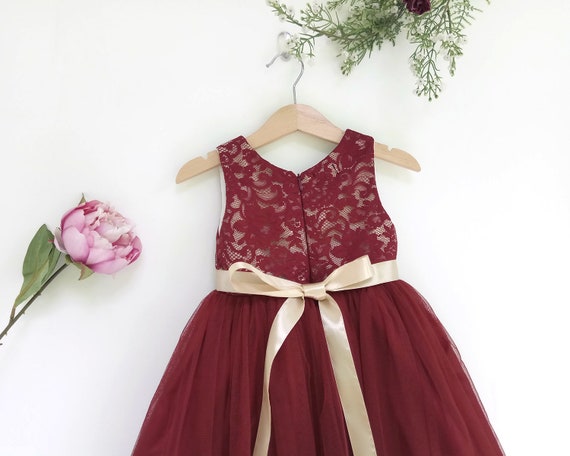Encaje de vestido de niña flores de Borgoña vestido de oro - Etsy México