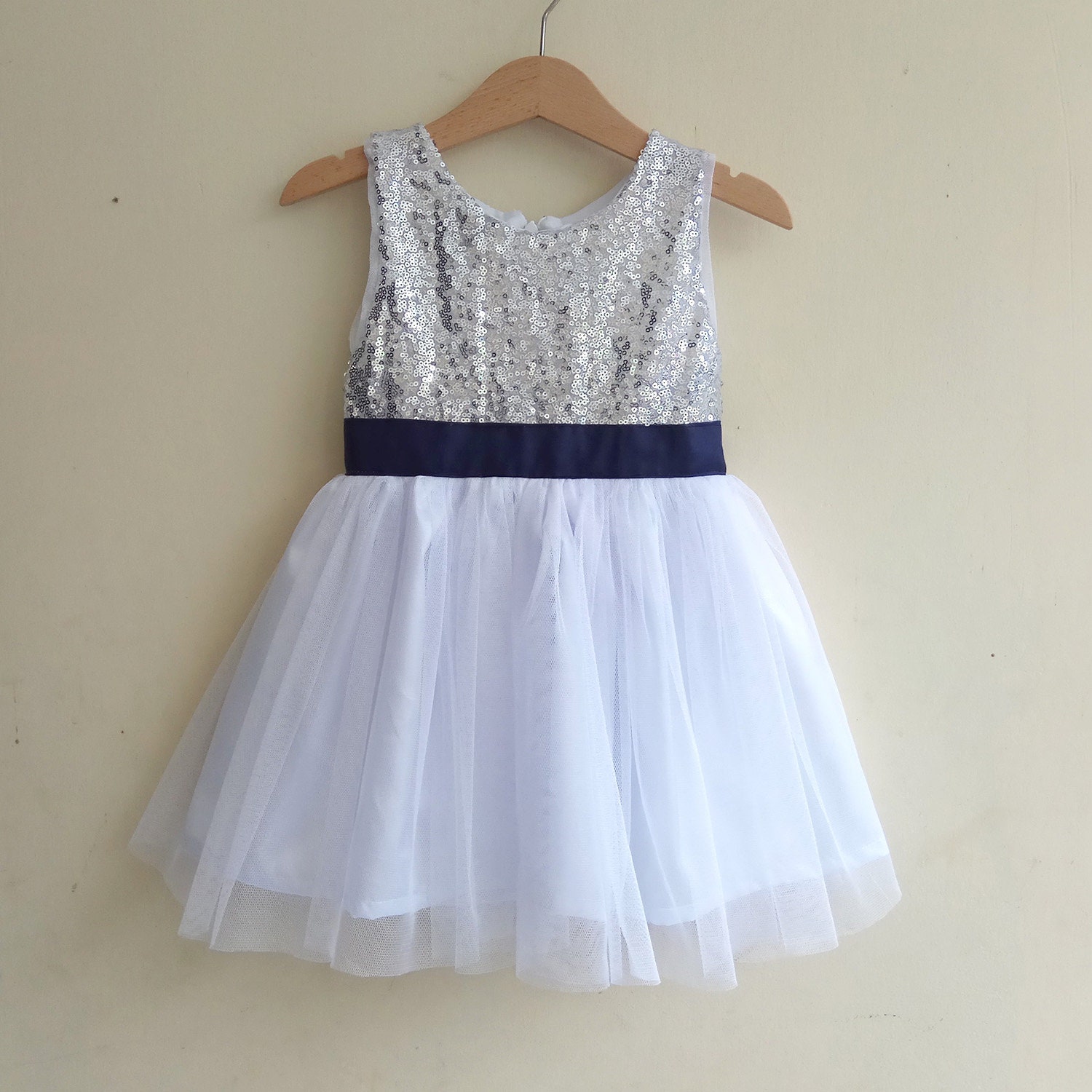 Flower girl dress navy sash silver and white flower girls Etsy