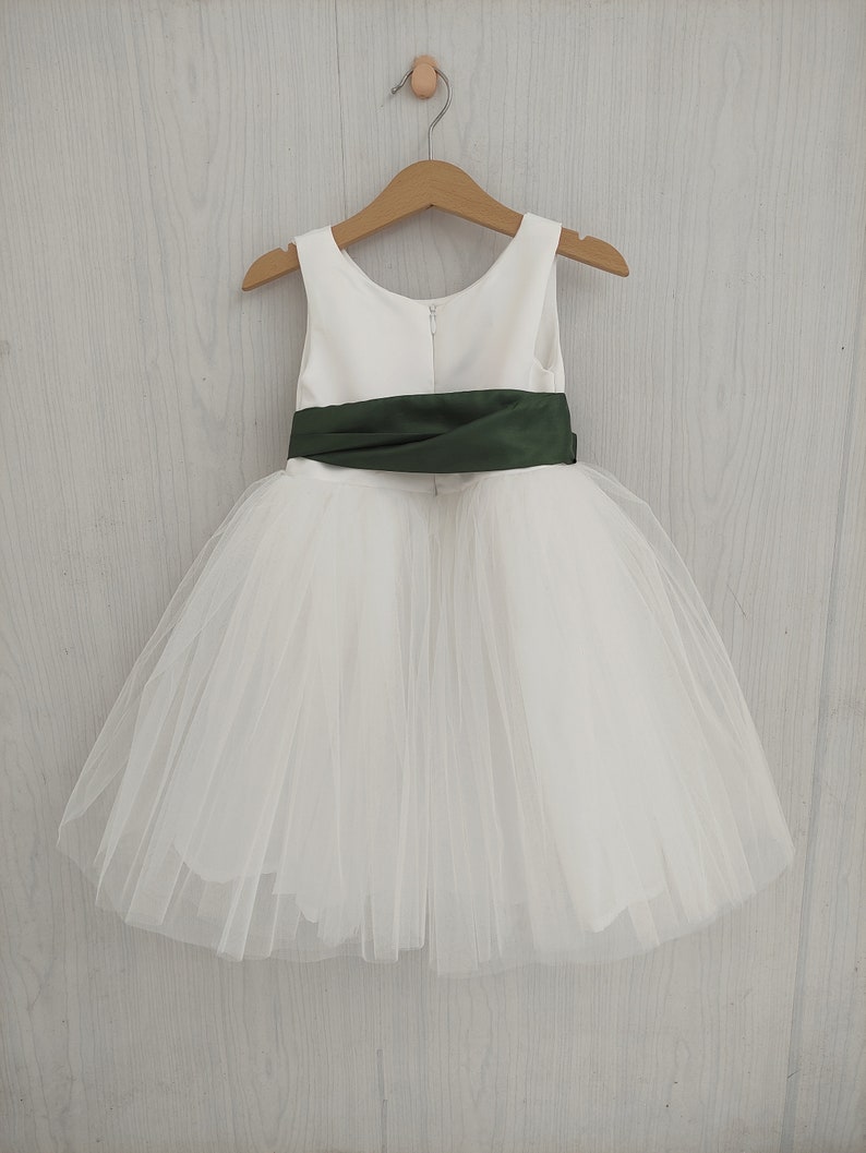 Flower girl dress Olive Green, white tulle and bow sash, fall flower girl dress toddler, Olive wedding theme, girl dress tutu, Olive dress image 5