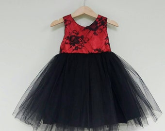 Red and Black Lace Flower Girl Dress. Tutu Dress, Party Dress, Formal Girls Dress, Satin and lace dress, Girls tutu dress