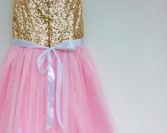 Gold and Pink Flower Girls Dress, pink tutu dress, pink flower girl dresses, gold sequin dress, Junior bridesmaid dress