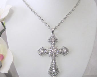 Rhinestone Filigree Cross Large with 27" Adjustable Necklace Silver tone setting Accessories.