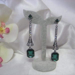 Green Rhinestone Chandelier Earrings: Antique Silver Tone, Prom Wedding Accessories