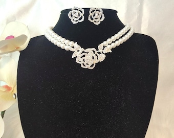 Rhinestone Flower & Faux Pearl Necklace Earrings Set: Bridal Wedding Jewelry