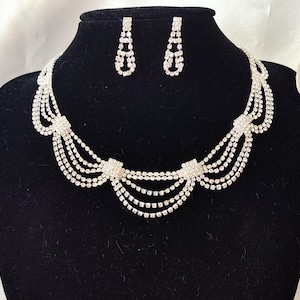 Rhinestone Scallop Design Necklace Earring Set, Prom Wedding Bridal Pageant Accessories