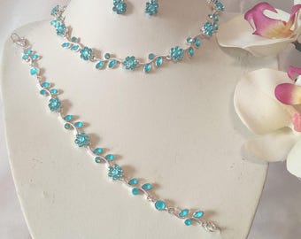 Aqua Blue Rhinestone Necklace Bracelet Earrings Set Bridal Wedding Prom Pageant accessories