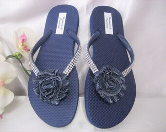 navy blue flip flops with bling
