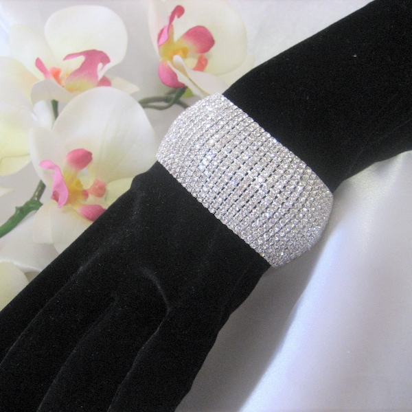 Rhinestone Bracelet, Wedding, Bridal, Prom, Pageant 1 1/4" Wide Cuff Design Silver tone setting Accessories 15 Rows