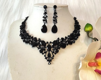 Jet Black Necklace & Earrings Set, Bridal, wedding prom pageant Accessories