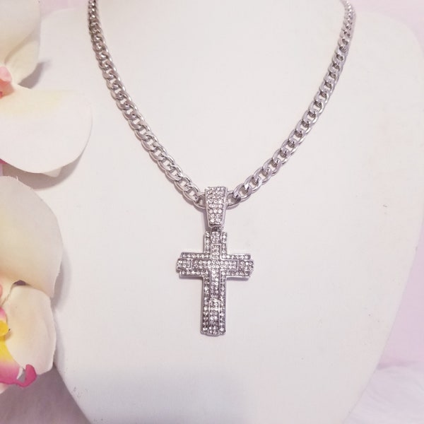 Bling Rhinestone Cross 20" Chain Necklace Accessories